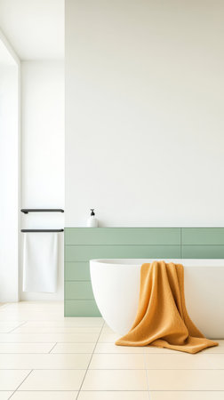 A stylish bathroom features a sleek white freestanding tub with an orange towel draped over it. Green cabinetry provides a fresh look complemented by a bright airy ambiance.の素材