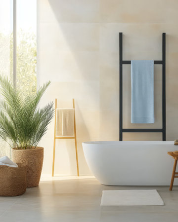 A serene bathroom features a freestanding tub and a ladder stand holding towels. Warm sunlight shines through a window casting soft shadows on the minimalist decor and greenery.の素材