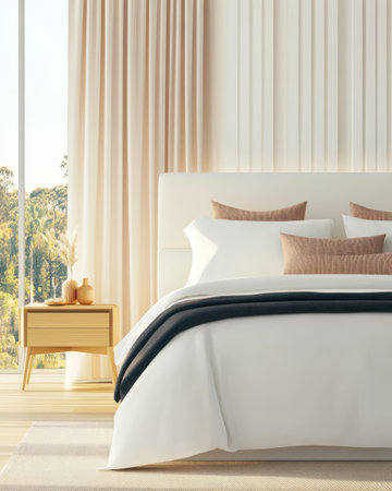 Bright and airy bedroom features a comfortable bed with white linens decorative pillows and large windows offering views of lush greenery. Soft curtains enhance the tranquil atmosphere.の素材