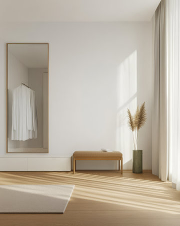 This serene interior features warm wooden flooring a minimalist bench and a tall vase with dried plants. Soft sunlight streams through large windows creating a tranquil atmosphere.の素材