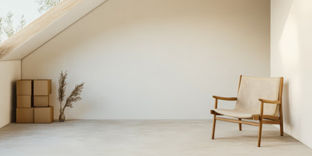 A clean minimalist space showcases a light wooden chair next to storage boxes. Soft natural light brightens the room creating a calm and inviting atmosphere.の素材