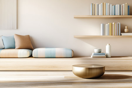 A stylish living room featuring a comfortable couch with decorative pillows wooden shelves holding books and a simple coffee table. The design emphasizes warmth and tranquility.の素材