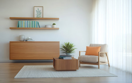 A spacious living room features a comfortable armchair a sleek wooden cabinet and a decorative plant. Sunlight streams through sheer curtains creating a warm atmosphere.の素材
