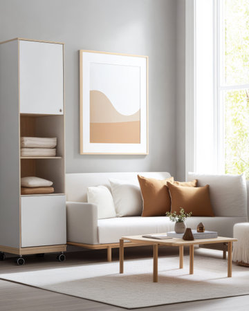 A stylish living room features a white sofa adorned with brown cushions a minimalist cabinet and an art piece on the wall. Natural light filters through large windows creating a cozy atmosphere.の素材