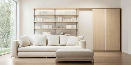 Bright space showcases a minimalistic living room with a light sofa and wooden shelving unit holding books. A warm wooden floor enhances the inviting atmosphere and natural light fills the area.の素材