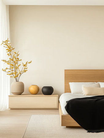 A serene bedroom designed in a minimalist style features a wooden bed soft black bedding and decorative vases. Natural light floods the space enhancing the calming atmosphere.の素材