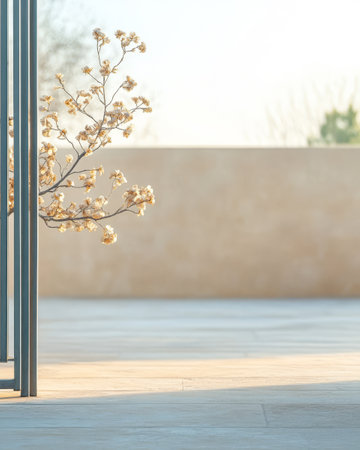 A peaceful patio space features a delicate flowering branch peeking through a modern framework. Soft sunlight enhances the calming atmosphere perfect for relaxation.の素材