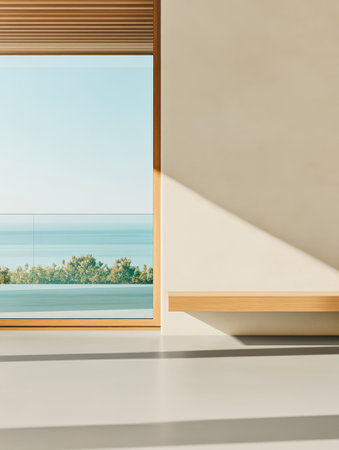 Bright and airy space showcases a large window with an expansive ocean view. The minimalist decor features clean lines and natural light enhancing the relaxed atmosphere.の素材