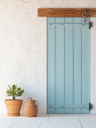 A serene interior features a charming blue sliding door with rustic wooden elements. Potted plants and earthen pottery create a cozy inviting atmosphere in the bright space.の素材