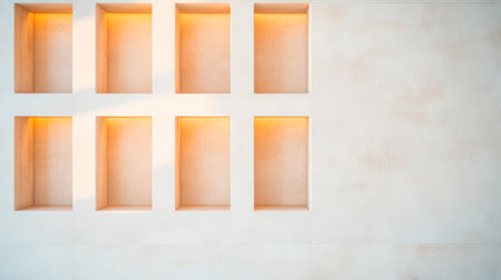 A modern wall design showcases eight square niches that glow with warm light. The soft colors enhance the minimalist aesthetic creating a serene atmosphere in the setting.の素材