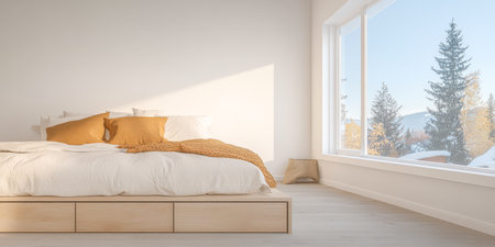 A bright bedroom featuring a soft white bed with warm orange pillows and a textured throw blanket. The large window reveals a serene winter landscape with snow-covered trees.の素材
