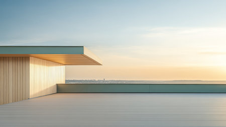 A spacious rooftop terrace features a wooden exterior and overlooks a tranquil urban landscape at sunset. The warm glow fills the area creating a peaceful ambiance.の素材