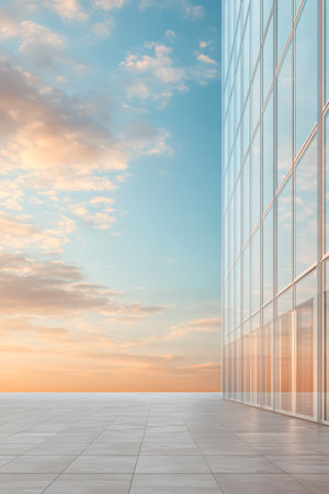A contemporary glass building stands against a calm sky filled with pastel hues of sunset. The scene captures tranquility with the horizon blending into a serene atmosphere.の素材