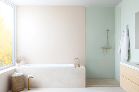 This spacious bathroom features a large soaking tub a walk-in shower and a neutral color scheme. Natural light floods the area highlighting the sleek fixtures and soothing atmosphere.の素材
