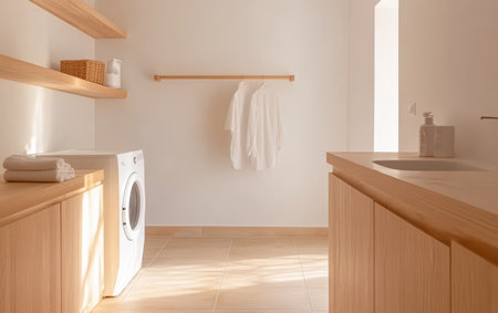 A spacious laundry room features wooden shelves holding baskets a washing machine and neatly folded towels on a counter. Soft daylight illuminates the serene uncluttered space.の素材