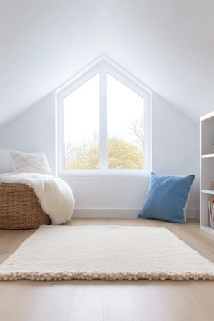 A serene attic space features a large window allowing natural light a soft rug and comfy furnishings creating an inviting reading nook perfect for relaxation.の素材