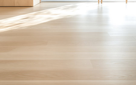 Natural light filters through a large window illuminating a smooth light-colored wooden floor in a contemporary interior. The surroundings suggest a minimalist design approach.の素材