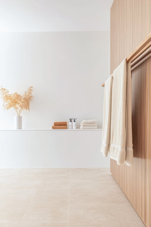 A serene bathroom displays a sleek design with wooden accents soft towels hanging and a vase of dried plants creating a calming and inviting atmosphere for relaxation.の素材