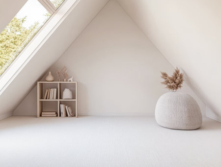 A serene attic room features large windows allowing ample natural light. Soft neutral tones create a calming atmosphere complemented by minimal decor and a cozy seating area.の素材
