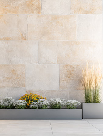 A stylish outdoor space showcases a clean stone wall paired with lush greenery and colorful flowers. Light filters through creating a tranquil atmosphere perfect for relaxation.の素材