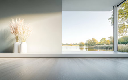A spacious room features a large window overlooking a tranquil lake surrounded by trees. Decorative vases with tall plants add a touch of elegance to the minimalist decor.の素材