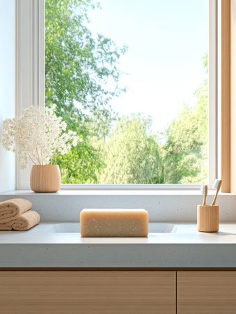 A bright kitchen area showcases a clean countertop with a beige soap block and decorative items. Natural light pours in through large windows illuminating the greenery outside.の素材