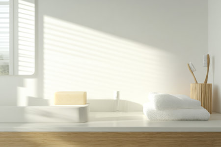 Sunlight streams through the window illuminating a clean bathroom countertop adorned with rolled towels a soap bar and a toothbrush holder creating a serene atmosphere.の素材
