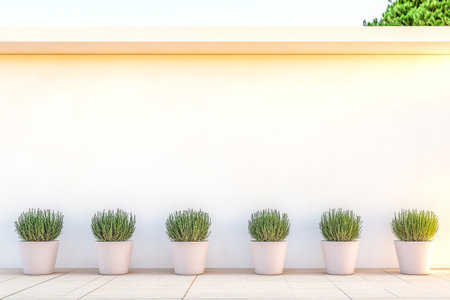 Neatly arranged potted plants line a minimalistic outdoor area against a clean white wall. The setup suggests a serene environment perfect for relaxation in a contemporary setting.の素材