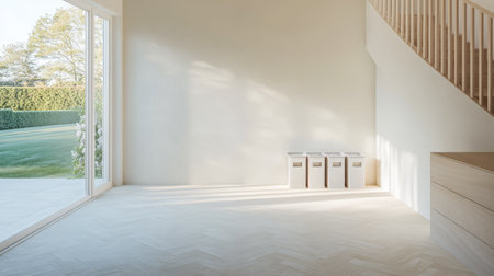 A bright interior featuring a clean minimalist design. Light streams in through large windows illuminating the area with soft shadows.の素材