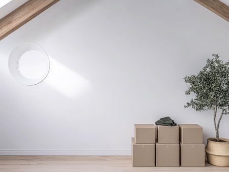 Bright room featuring a clean white wall with a modern round window. Stacked boxes sit beside a potted tree enhancing the minimalist aesthetic and inviting natural light.の素材