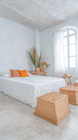 This spacious bedroom features a white bed with colorful pillows surrounded by natural elements. The decor includes woven furniture and potted plants creating a calming atmosphere in soft light.の素材