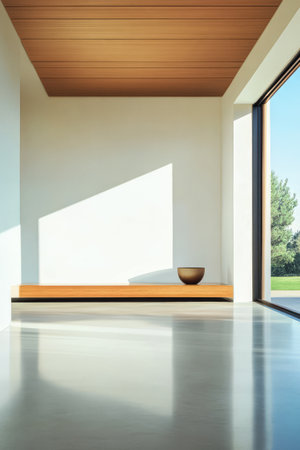 Bright and airy space features a wooden bench and a round bowl emphasizing minimalist aesthetics. Large windows invite natural light and views of the outdoors creating a serene atmosphere.の素材