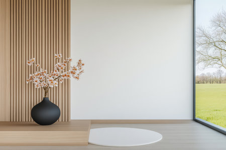A spacious interior showcases a black vase with blooming flowers on a wooden surface next to a large window. The outside view reveals a vibrant green landscape enhancing the serene atmosphere.の素材