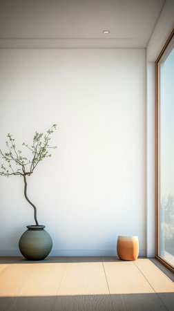 This interior showcases a contemporary design with a minimalist aesthetic. A decorative vase holding a slender plant sits beside a large window creating a serene atmosphere.の素材