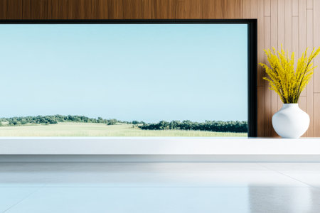 A sleek interior space showcases a large bright window that opens to a lush green landscape. Sunlight floods the room highlighting a stylish vase with yellow flowers.の素材