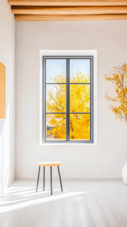 A bright cozy room showcases a large window adorned with a gorgeous view of golden autumn trees. Natural light fills the space creating a warm inviting atmosphere.の素材