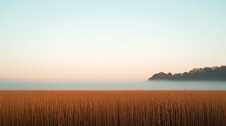 Golden fields stretch across the landscape as the sun sets casting a warm glow. A soft mist rises creating a serene and tranquil atmosphere in this twilight moment.の素材