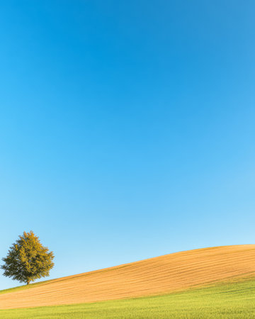 A vibrant landscape features a rolling golden hillside and a bright blue sky above. A single tree stands on the left adding a touch of nature's beauty to the tranquil view.の素材