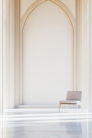 A serene space showcases a simple chair positioned in front of a beautifully curved arch. Soft natural light illuminates the light-colored walls and floor creating a tranquil atmosphere.の素材