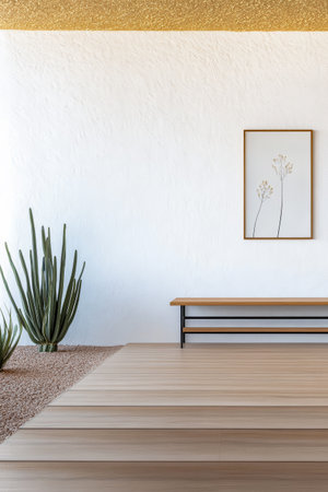 A tranquil room showcases a minimalist design with wooden flooring a simple bench and cacti placed against a white wall adorned with a framed botanical print.の素材