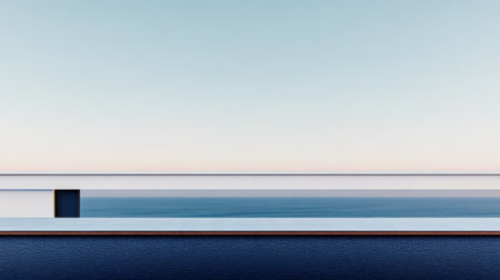 A serene coastal view showcases a smooth horizon where the calm sea meets a pastel sky. The clean lines of modern architecture contrast beautifully with the tranquil waters.の素材