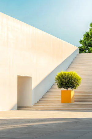 Bright geometric architecture displays a clean white staircase leading to an open doorway. A vibrant yellow planter with a small tree adds a touch of nature contrasting the minimalist design.の素材