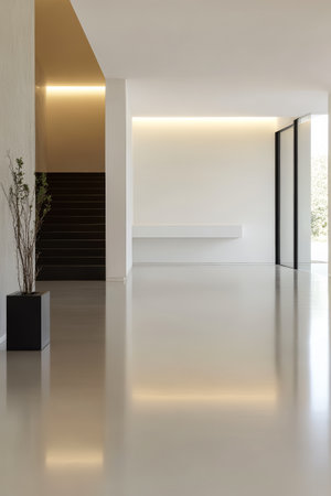 A spacious modern interior showcases clean lines and a minimalist aesthetic. The light-filled area features a simple table a decorative plant and a staircase leading to another level.の素材