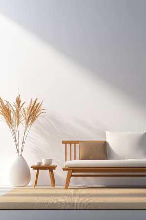 A serene living space showcases a stylish wooden sofa adorned with cushions.の素材