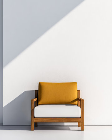 A stylish wooden chair with a yellow cushion is positioned against a white wall. Bright sunlight casts a strong shadow enhancing the minimalist aesthetic of the room.の素材