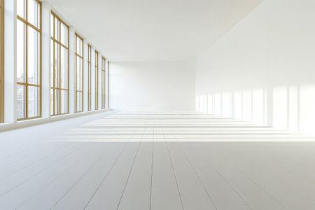A bright empty room features large windows allowing soft natural light to fill the space. The wooden floor reflects the sunlight creating a serene atmosphere.の素材