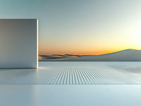 A sleek minimalistic structure stands alone in a vast desert landscape as the sun sets casting warm hues across the white sand dunes. The tranquil atmosphere evokes a sense of serenity.の素材