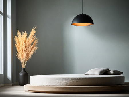 A stylish bedroom features a round bed adorned with soft pillows accompanied by a tall decorative plant in a dark vase. The subtle wall color enhances the serene atmosphere.の素材