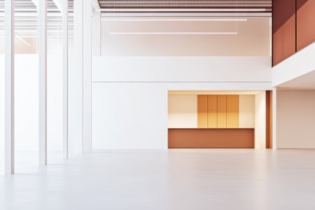 Bright and airy space featuring a minimalist design with clean lines. A warm-toned reception area is highlighted against the large white walls and ample natural light from above.の素材