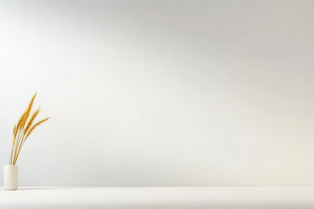 A minimalist table holds a simple white vase containing dried grass set against a softly lit neutral-colored wall creating a calm and modern atmosphere in the room.の素材